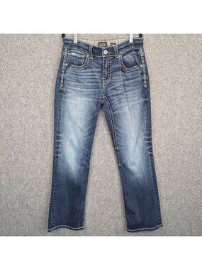 Buckle Black Mens 33R Bootleg Jeans Fit No. 9 Blue Denim w Contrast Stitching